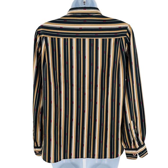 Evan Picone Tan Black Striped Silk Long Sleeve Button Down Top Blouse 3/4 XS - Picture 3 of 9